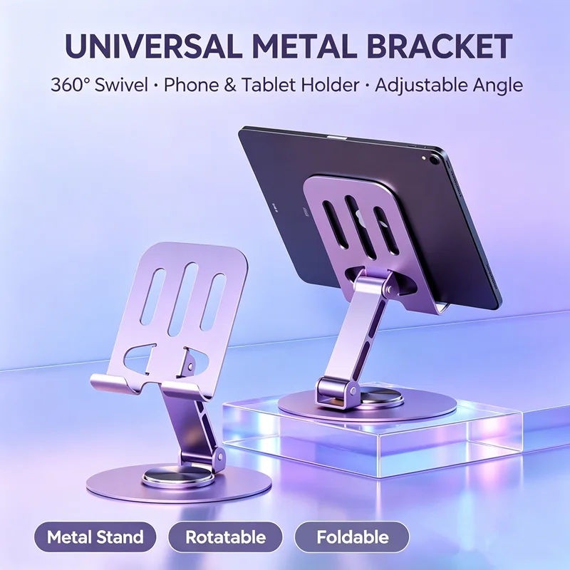 Phone Stand 360° Rotation Mobile Phone Holder All Metal Aluminum Universal Bracket Folding Double Shaft Design Stable Anti Fall