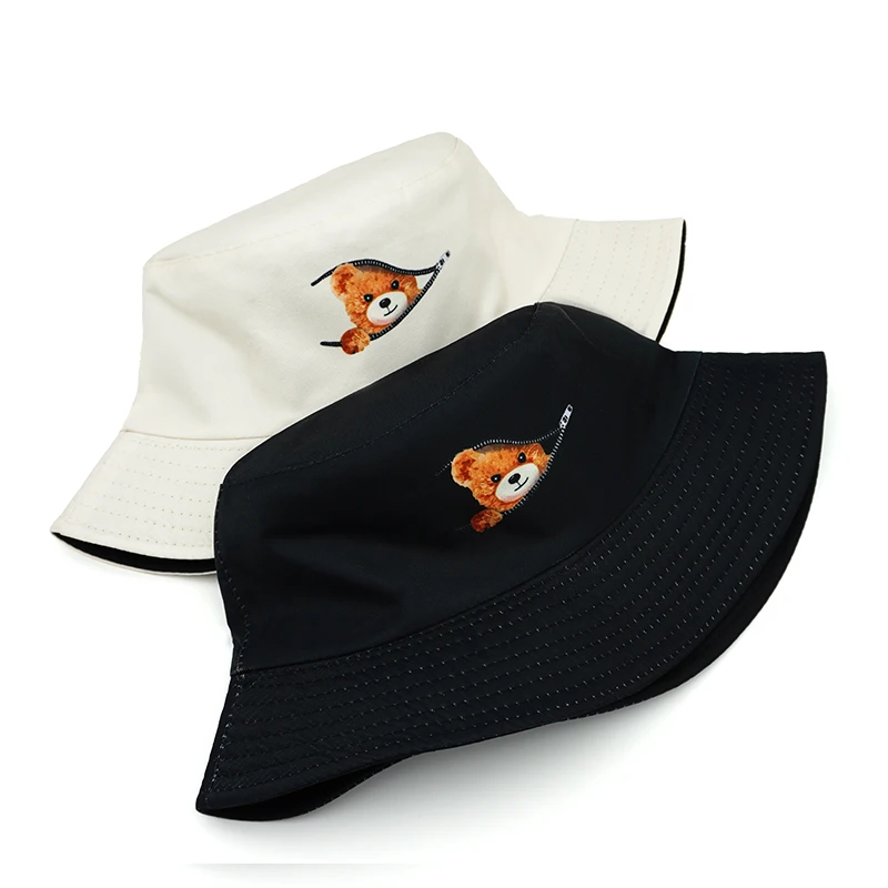 Bocca Cartoon Bear Printing Bucket Hat Solid Color Fisherman Hats Double Sides Panama Cap Unisex Summer Sunshade 2024 New Style