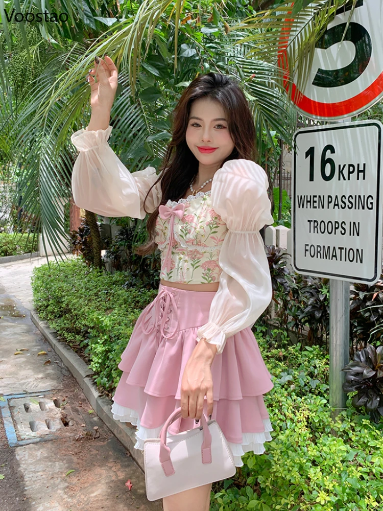 Kawaii Lolita Skirt Set Women Elegant Puff Sleeve Bow Floral Blouse Sweet Pink Ruffles Mini Skirt Suit Korean Style 2 Piece Sets