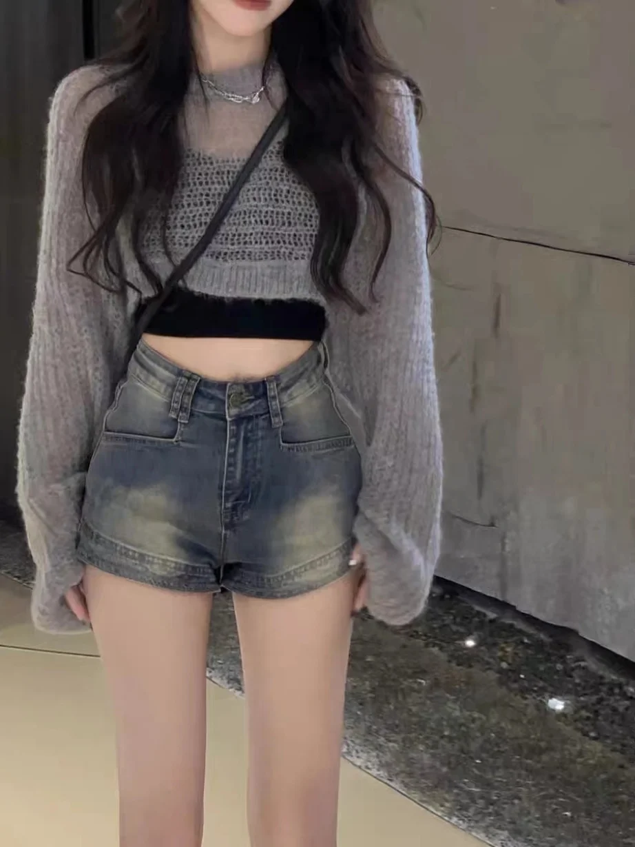 

Облегающие джинсовые брюки с высокой талией, женские летние корейские шорты с запахом трапециевидной формы, большие размеры, винтажные тонкие модели orts