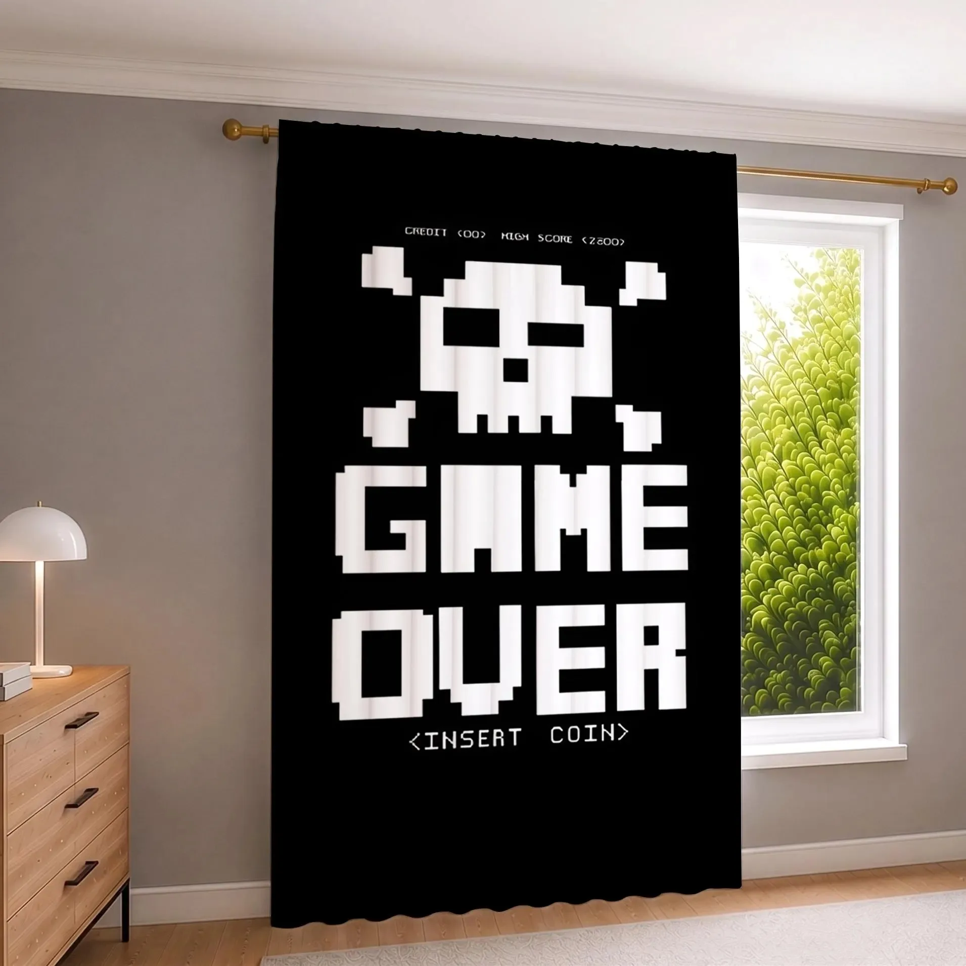 Funny Game Over Insert Coin Movie Night Curtain Black Background Pop Culture Decor for Man Woman Home Theater
