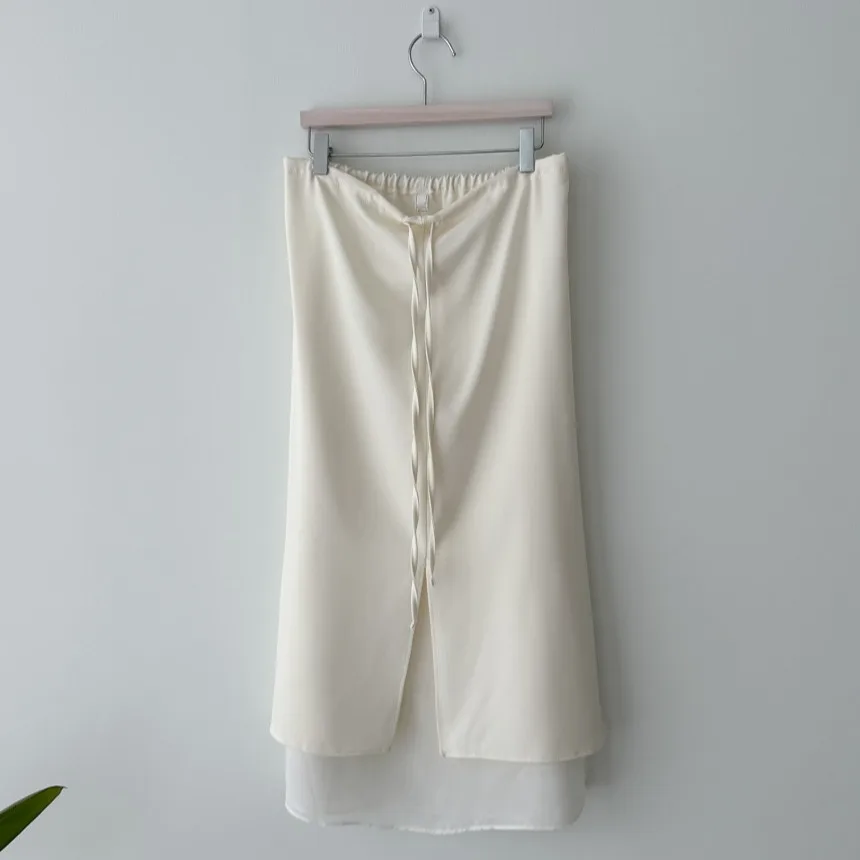 Ele Double Layered Belted Split Midi Skirt for Women Sli Ci Commute Straight Cut Long Skirt Spring New Arrival