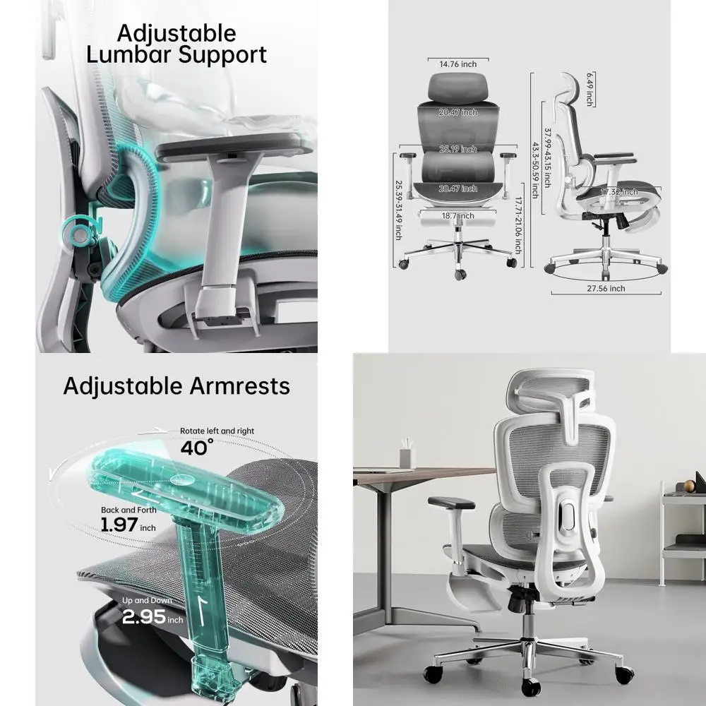 

Эргономичное офисное кресло с высокой спинкой, сетчатой обивкой, 3D-подлокотниками и регулируемой поясничной опорой для высоких и крупных людей, белое