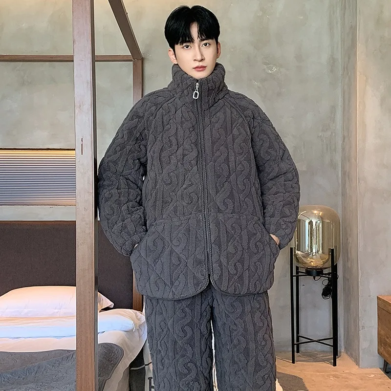 2 Pieces Set Flannel HomewearFor Men 2026 New Zipper Home Clothes Plus Size L-3XL Thicken Nightwear Young Boy Warm Pj