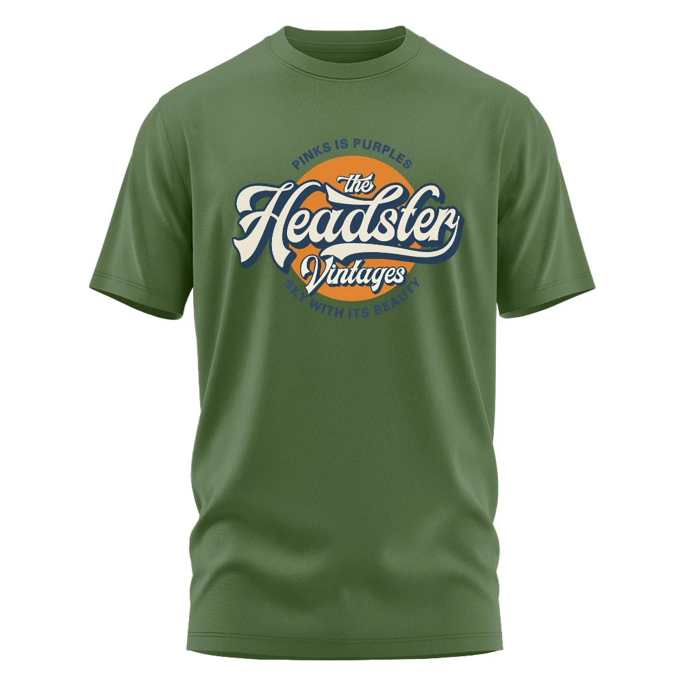 Men's Vintage The Headster Vintages Graphic T-Shirt, Retro Circular Letter Print Olive Green Casual Short Sleeve Crew Neck Top