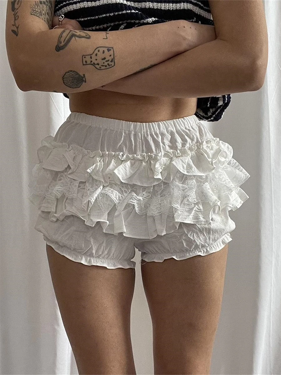 

Women Tierred Ruffles Bloomer Shorts Summer Elastic Waist Layered Lace Solid Color Casual Shorts Streetwear for Daily Lolita Y2K