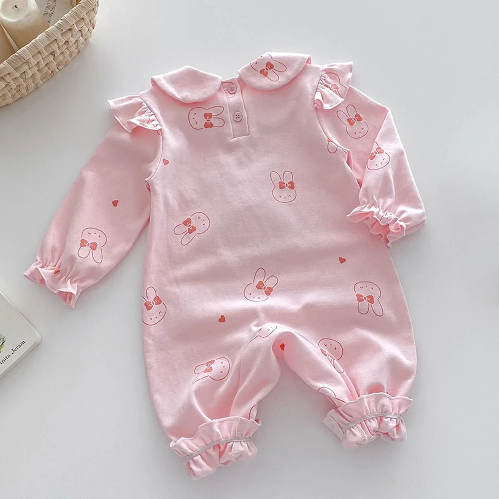 Baby Rompers Long Sleeve Cotton Cute Animal  Print Peter Pan Collar Infant Jumpsuit Princess 1st Birthday Baby Girls Clothes