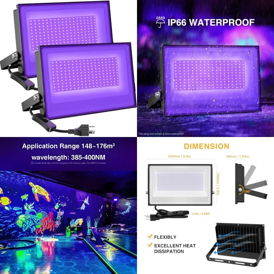 

2 Pack 100W LED Black Light, Blacklights Flood Light with Plug, IP66 Waterproof Black Flood Lights Neon Glow for Party, Birthda