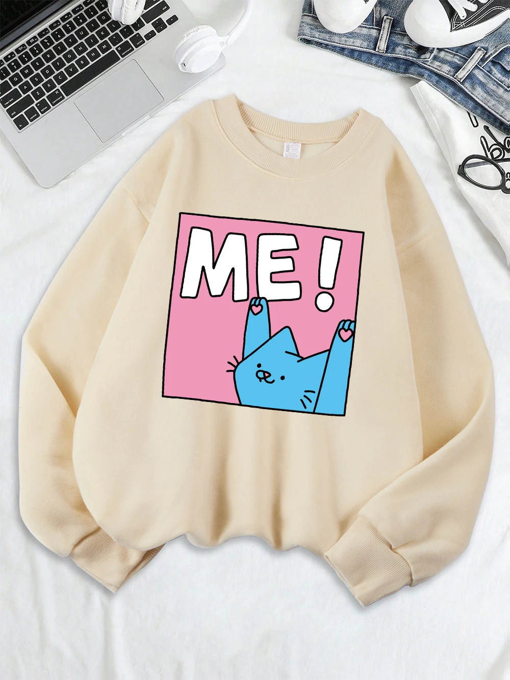 Süße blaue Katze Illustration Drucke Sweatshirts Frauen Fleece warme Winter Hoodies lose lässige Pullover Crewneck weiche Frau Kleidung