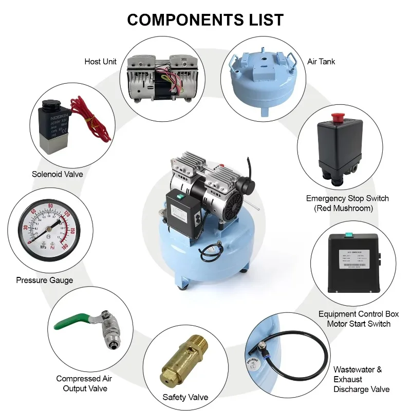 Silent Oilless     Air Compressor with    -Rust and Microbial Interior Coating
