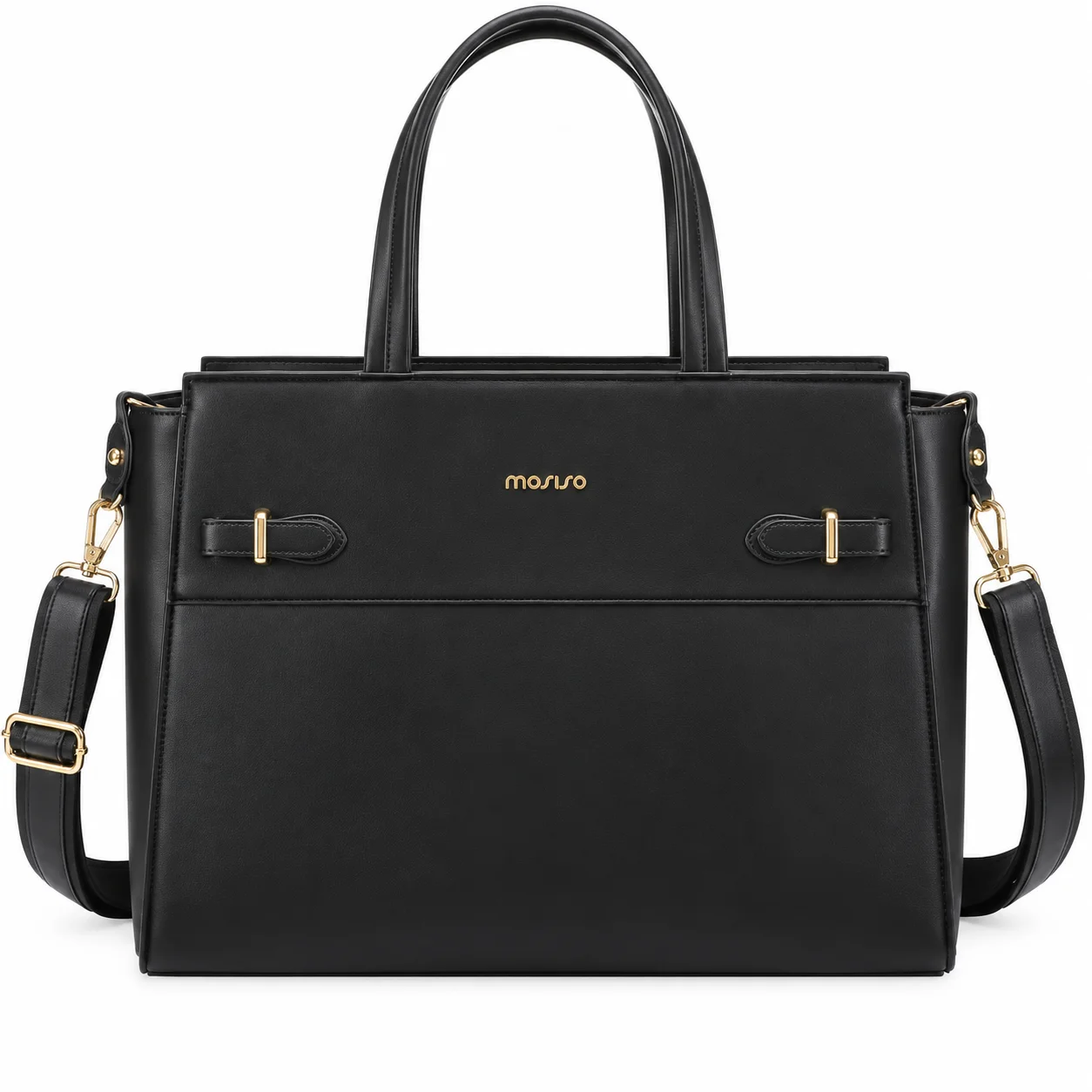 MOSISO Women Laptop Tote Bag 15.6 Inch PU Leather Shoulder Handbag with Decorative Buckles Work Office Briefcase Black