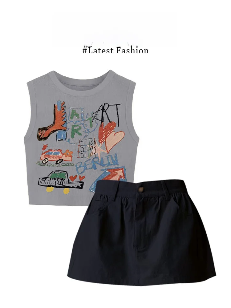

Sweet Cool Girl Graffiti Print Short Sleeve Slim Fit Top High Waist A-Line Skirt Set Purple Summer Fashion Korean Style
