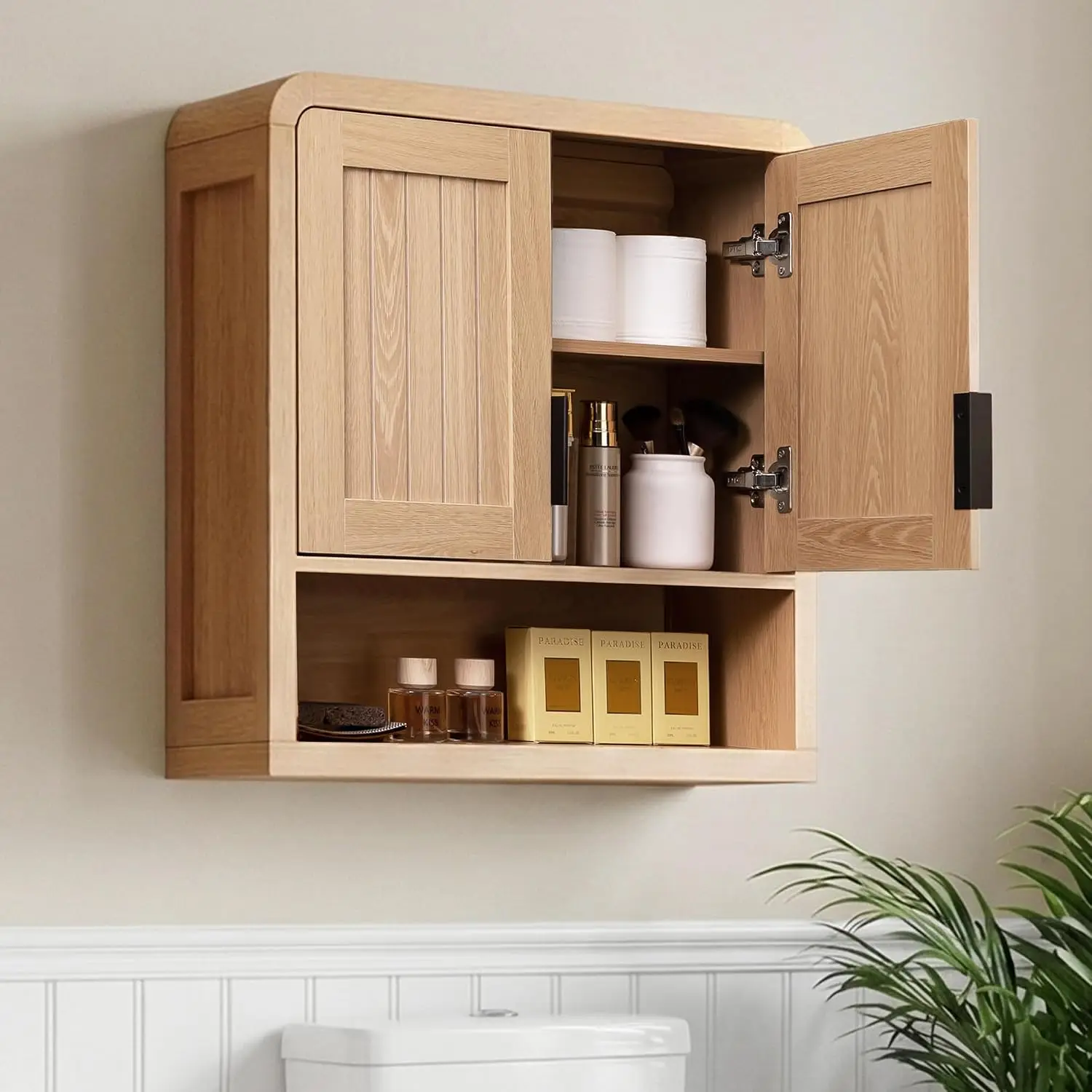 25.4 Inch Bathroom Wall Cabinet Storage Organizer with Grooved Doors Open Shelf Medicine Hanging Cupboard