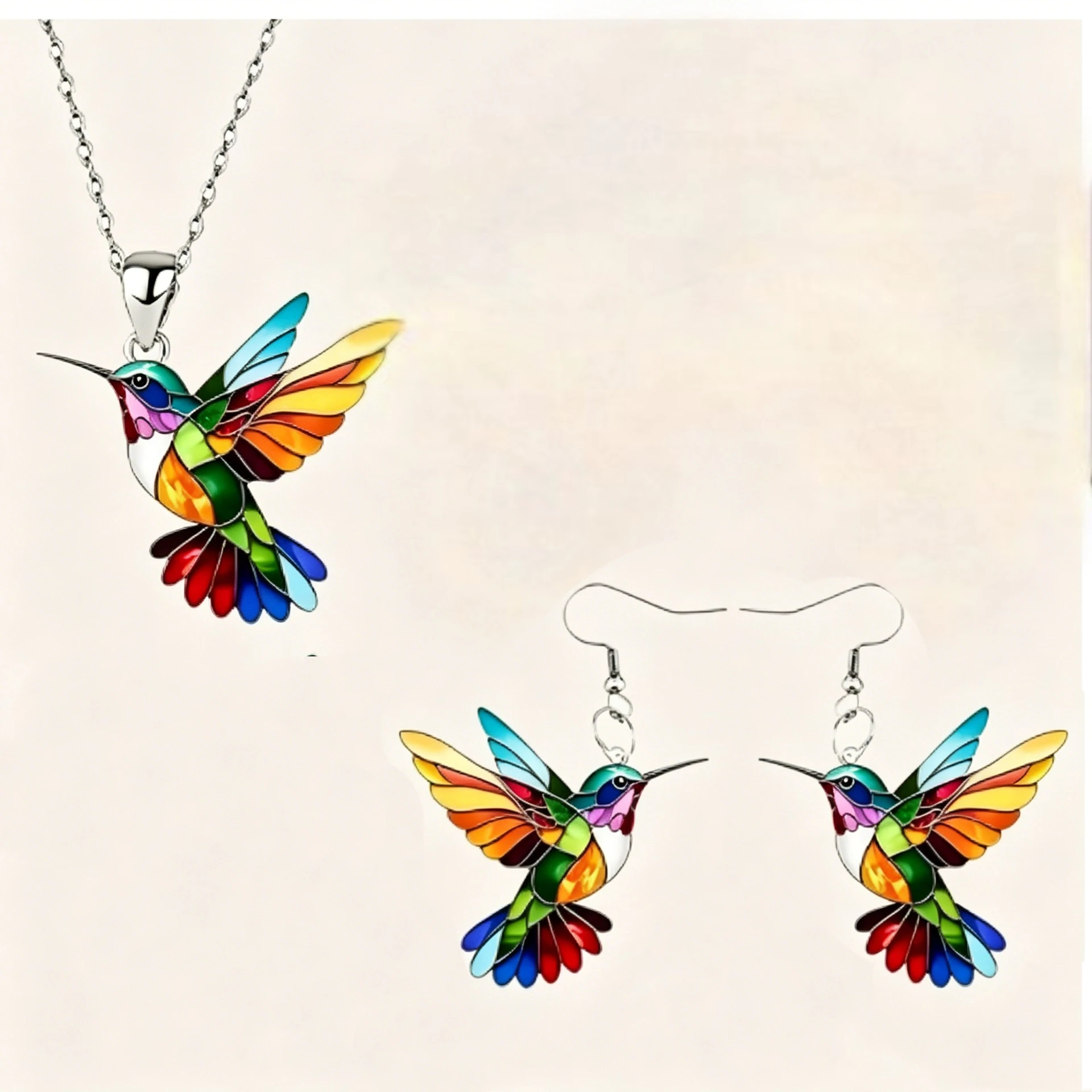 Elegant Stylish Acrylic Honey-Sucking Bird Necklace And Earrings 1 Set Multi-Color Wing Design for Women Girls Fashion Jewelry