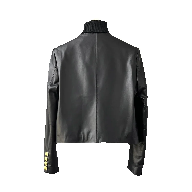 Chaqueta corta de cuero con doble botonadura para mujer, chaqueta de cintura alta de piel de oveja negra sin cuello, novedad de primavera