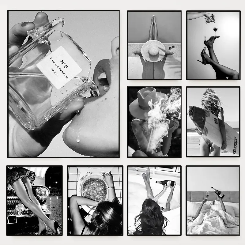 Modisches Schwarz-Weißes Sexy Frau und Wein Fotografie-Poster Leinwanddruck Trendige Wandkunst für Wohnzimmer Heim-Dekoration Wandbild