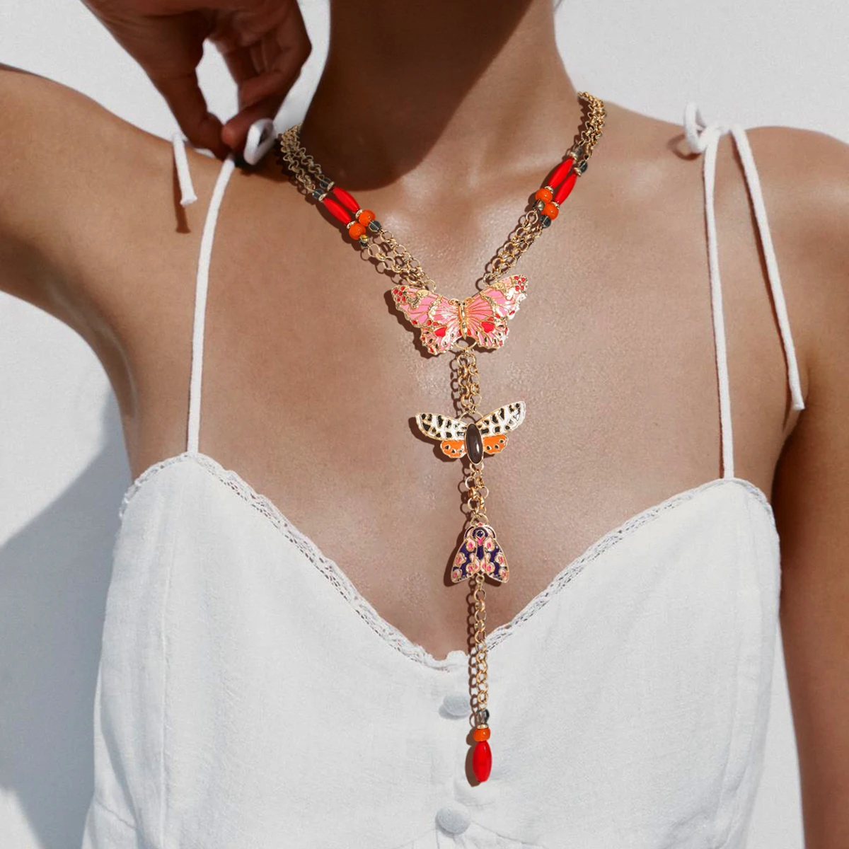 

ZAA Trendy Fashion Colorful Enamel Butterfly Tassel Necklace For Women Bohemia Vintage Luxurious Charm Beaded Tassel Necklace