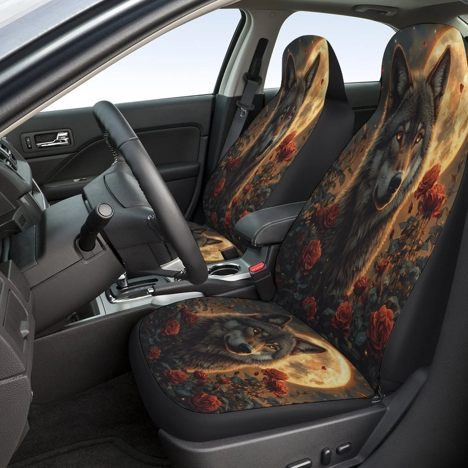 Wolf Moon Roses Fit Car Seat Cover Set For Most Vehicles - Full Set For 2 Front & Rear Seats With Headrest & Back, Elegant & Wol