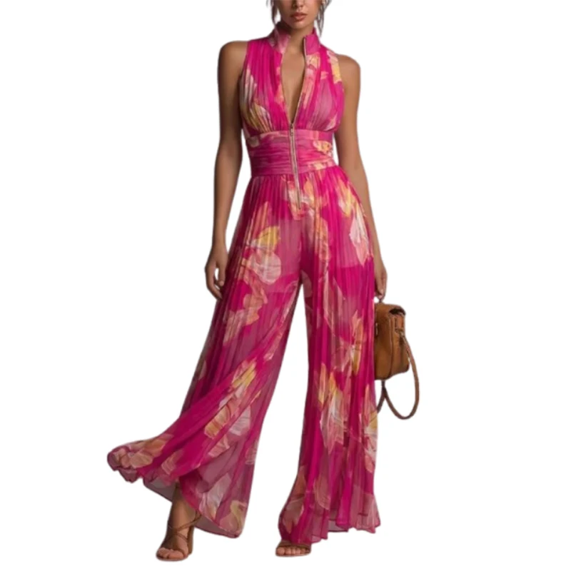 Uoozee Women Sleeveless Stand Collar Zipper Pleated Jumpsuits Floral Printed High Waist Wide Leg Floor Length Party Overalls