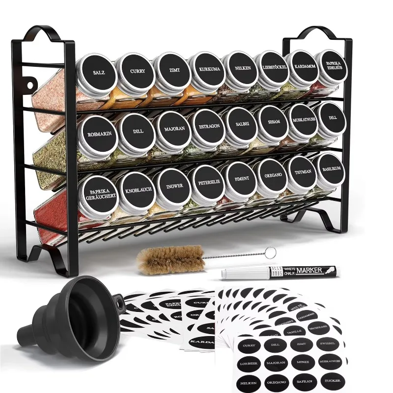 

24 Pieces Glass Spice Display Black Rack Storage Set Spice Rack System Suspension