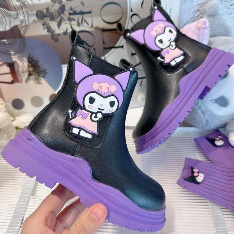 Anime Sanrios Kuromi Kawaii Kids Boots High Top Nonslip Water Proof Martin Boot Outdoor Cute Spring Autumn Pu Comfy Casual Shoes