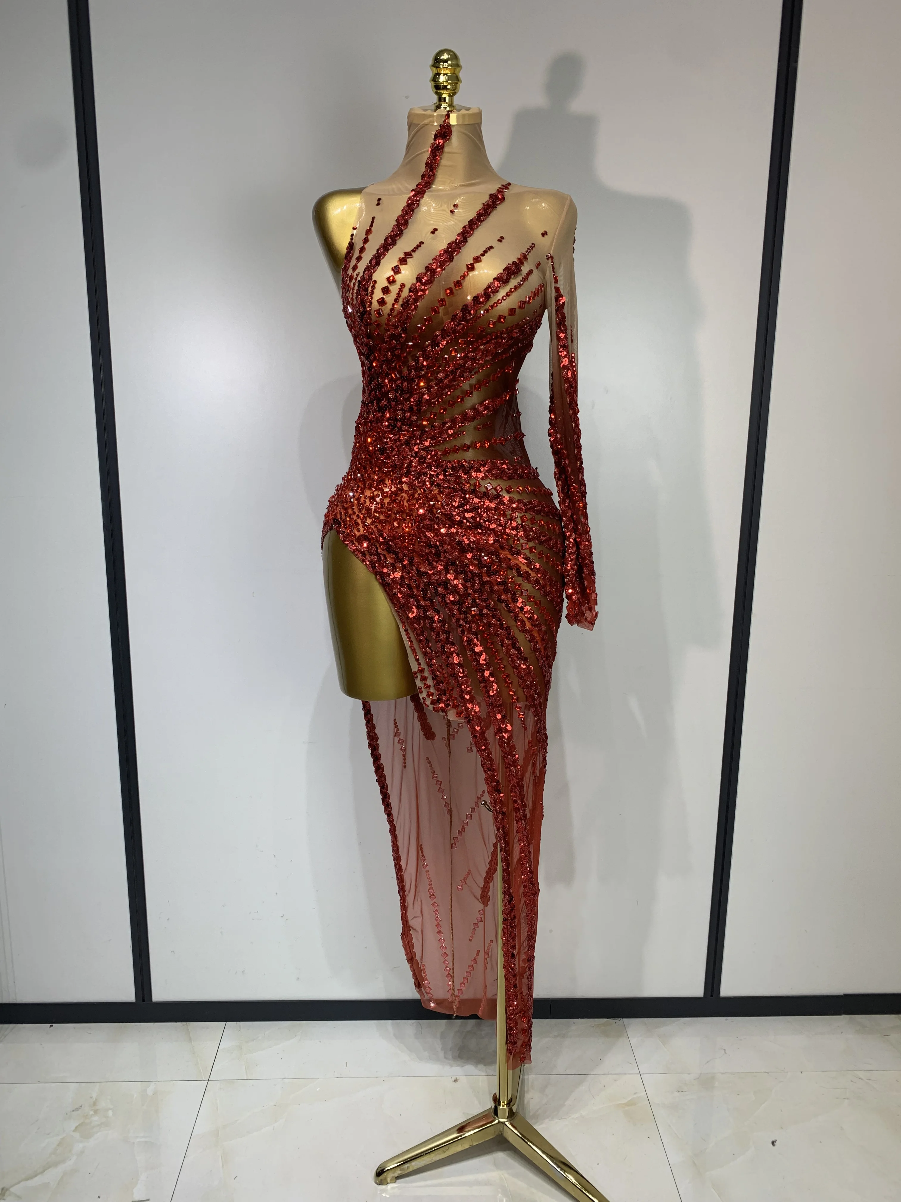 quiz red prom dress Sequin Fishtail Maxi Red Prom Dress Quiz MISSORD Burgundy Red Sequin Dress  Beaded Sleeves Prom Party