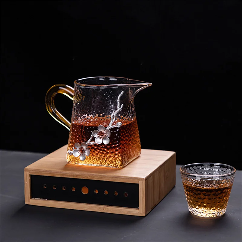 Japanese Heat Resistant Hammer Glass Teapot with Handgrip 3D Plum Glass Teacup Transparent Chahai Gongdao Cup Teaware