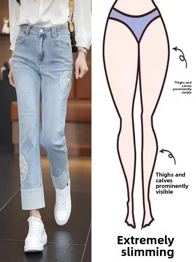

Женские джинсы с высокой талией, узкие прямые, с вышивкой, летние, новые, из смесового хлопка и полиэстера, синие джинсы из денима