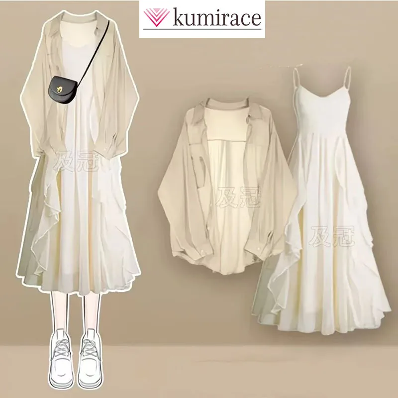 

Spring and Summer Gentle Style Set, Women's Loose Sun Protection Shirt Paired with Beautiful Suspender Dress Two-piece Set