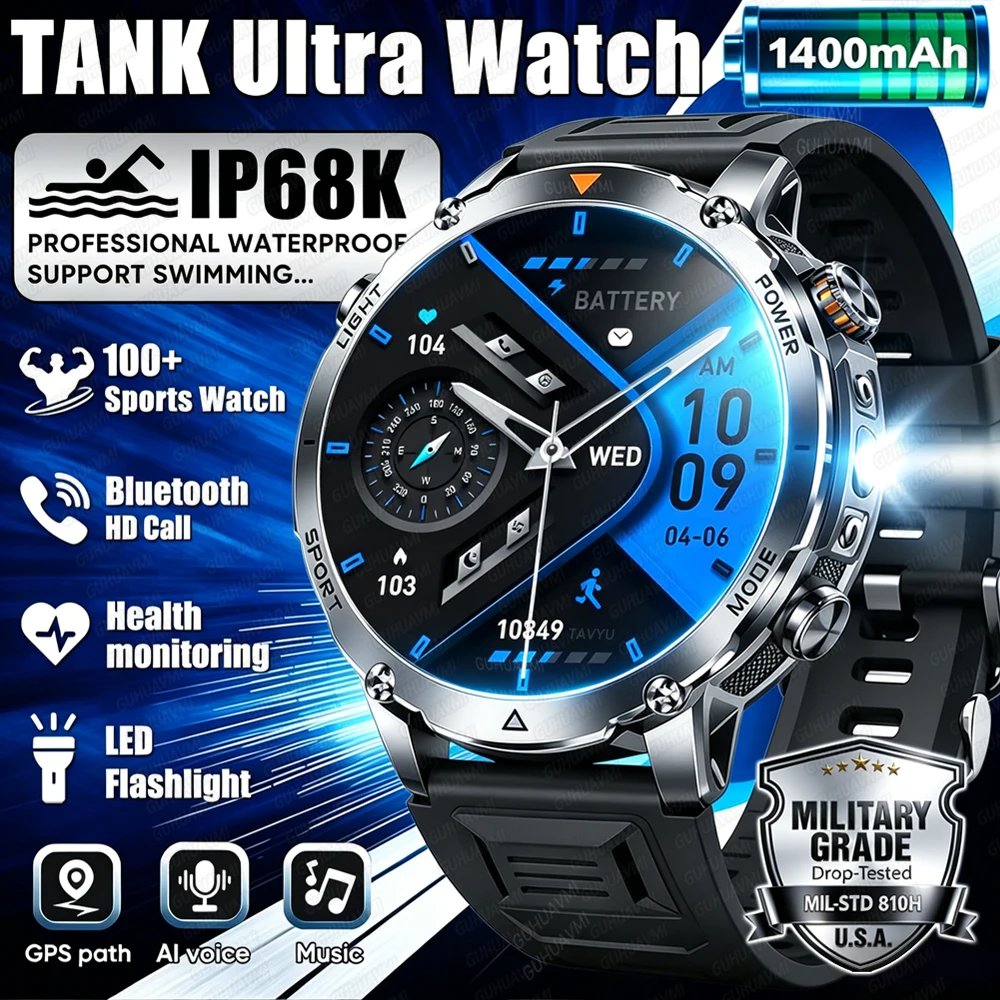 2026 Hot Sales Military Sports Smart Watch 1400mAh Large Battery Bluetooth Call IP68K Waterproof 1.7-inch HD Screen Watch For Me