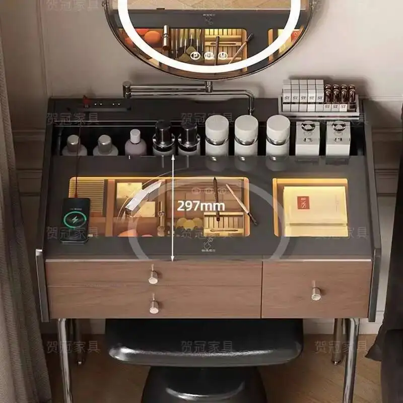 Tocador de dormitorio con espejo de maquillaje pequeño, escritorio de almacenamiento, mesa de tocador, cómoda vintage para dormitorio, muebles posmodernos
