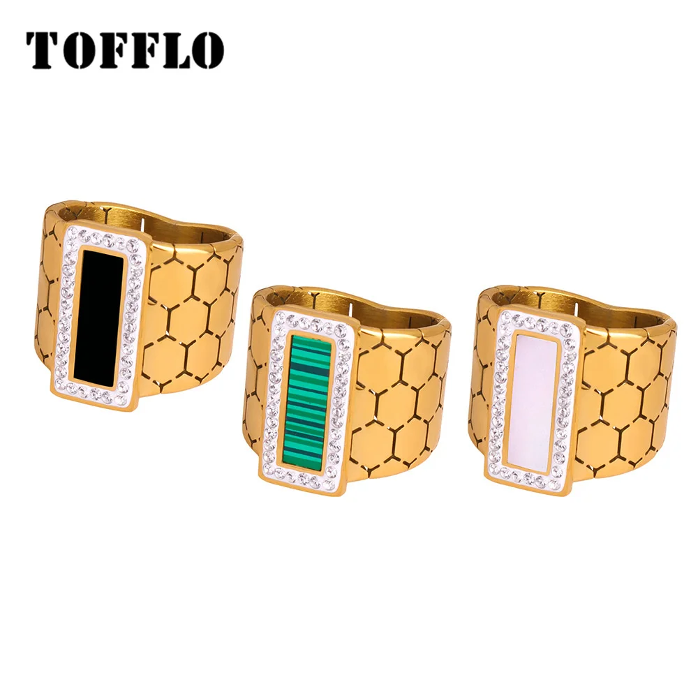 TOFFLO Zircon Square Plaque Ring Acrylic White Beisong Stone Hexagonal Stainless Steel Finger Ring Women's  Jewelry BSA087