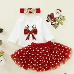 Christmas Vibes Bow Printed Baby Girls Bodysuit Tutu Set Christmas Party Girl Long Sleeve Romper Dress Infant Skirt Outfit 2 Pcs