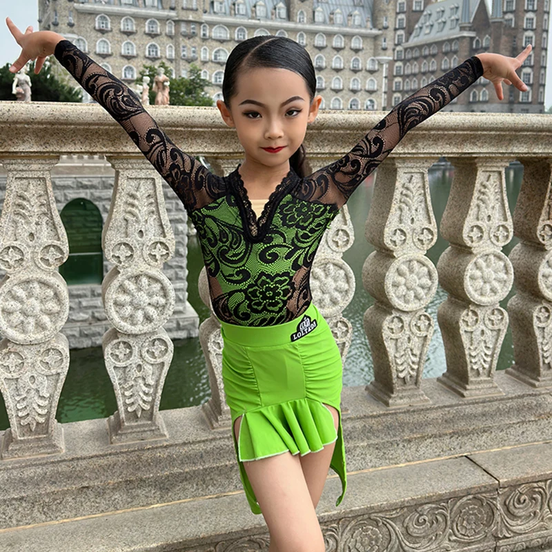 2023 Latin Dance Costume Black Lace Tops Green Skirt Girls Rumba Samba Performance Outfit Ballroom ChaCha Dance Dress DL11012