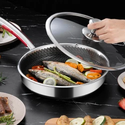 Food Grade Frying Pan, 316 Stainless Steel Non Stick Pan Honeycomb Pot Bottom Induction Cooker Gas Stove General Wok, 22/28/30cm