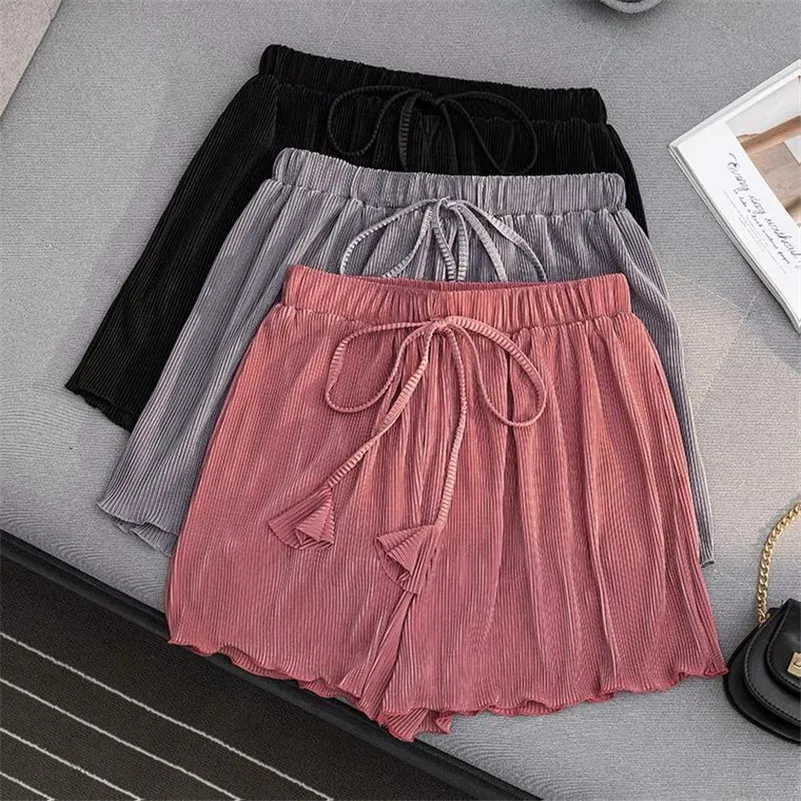 Elastic Waist High Street Casual Loose Shorts Women Beach Party Clothing Pleat Shorts Female Summer Candy Color Shorts Big Size