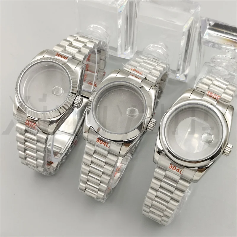 31 مللي متر حافظة ساعة فضية من الفولاذ المقاوم للصدأ مع حزام مستدير مصقول مزمر الحافة الياقوت الزجاج المكبرة صالح لحركة NH05 NH06