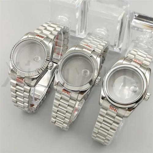 Imagen 2 del producto Caja de reloj de acero inoxidable plateado con correa, bisel estriado pulido redondo, cristal de zafiro, ajuste magnificado, movimiento ForNH05 NH06, 31mm