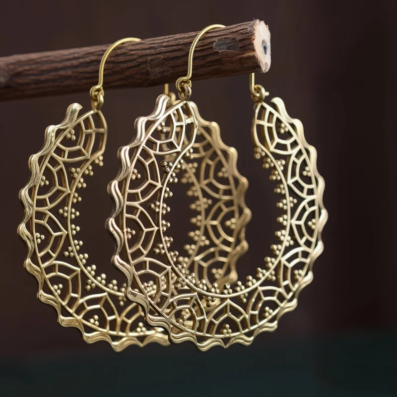Bohemian Style Luxury Hand Carved Hollow Golden Hoop Earrings for Women Elegant Delicate Wedding Anniversary Jewelry Accessories