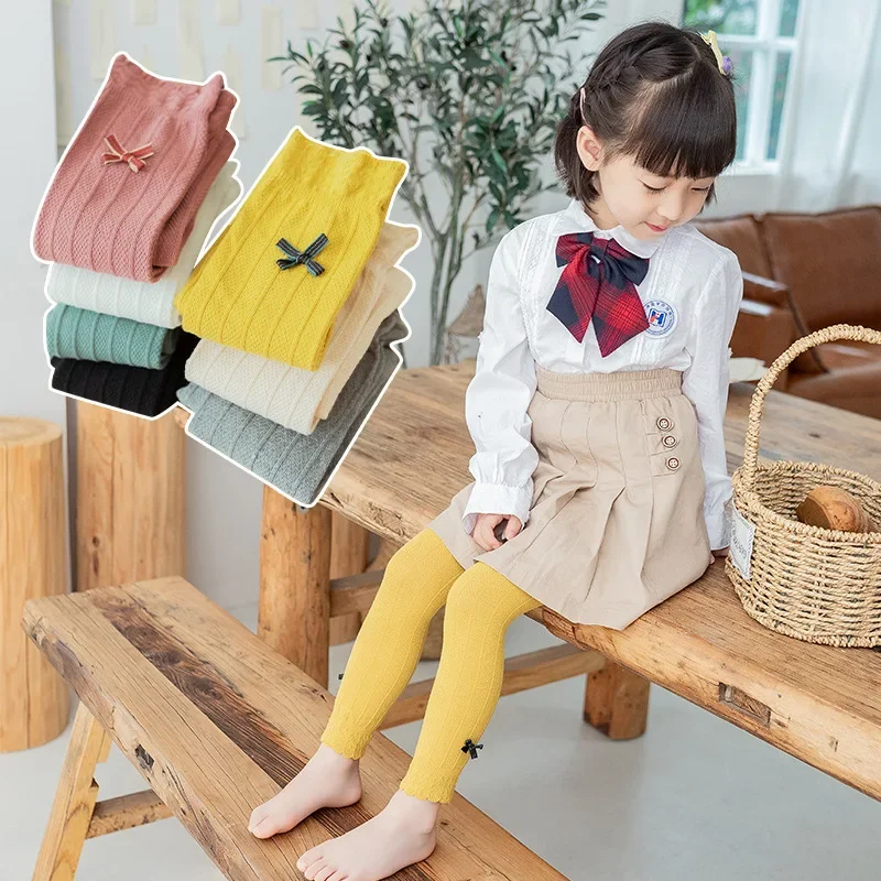 Girls Leggings Bow-Knot Children\'s Pants Candy Color Knitting Kids Trousers Elastic Baby Leggings Lace Cotton New Spring Autumn