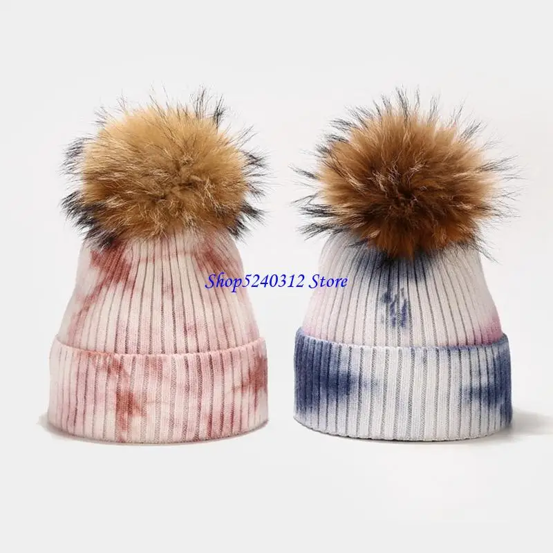 634C Women Men Winter Warm Ribbed Knitted Beanie Hat with Detachable Gradient Tie-Dye Print Harajuku Windproof Cap