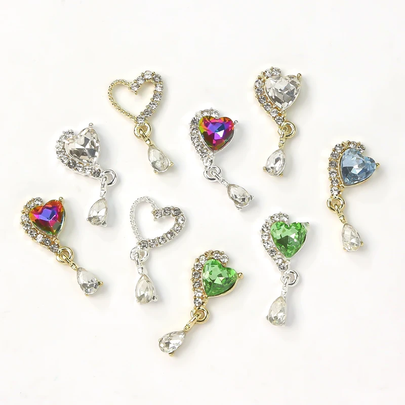 

10pc Metal Glitter Dangle Heart Nail Pendant Metal Zircon 10*20MM Nail Art Jewelry Crystal Hot Fix Nail Charm Decoration Supplie