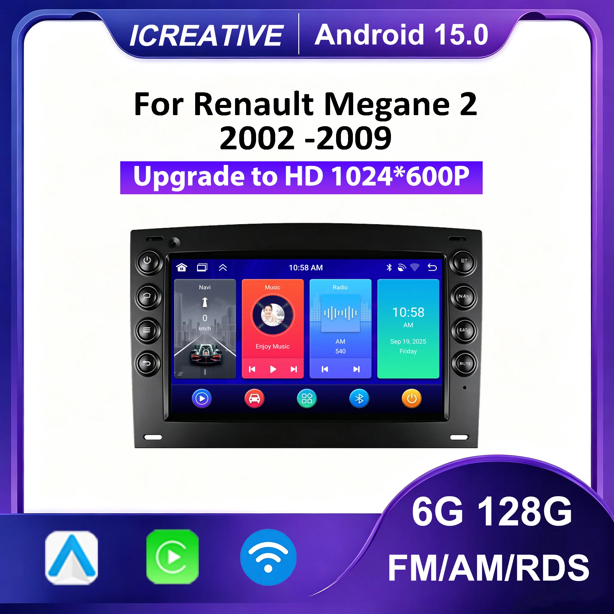 ICREATIVE Android 15 Auto Radio For Renault Megane 2 2002-2009 Multimedia Video Player GPS Stereo CarPlay 4G WIFI BT Navigation