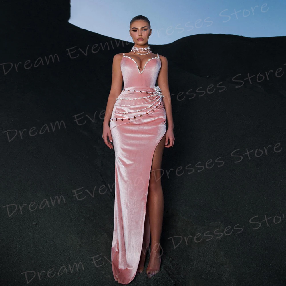 Modern Pink Mermaid Pretty Women's Evening Dresses Spaghetti Strap Sleeveless Prom Gowns Side High Split Beaded Vestido De Noche