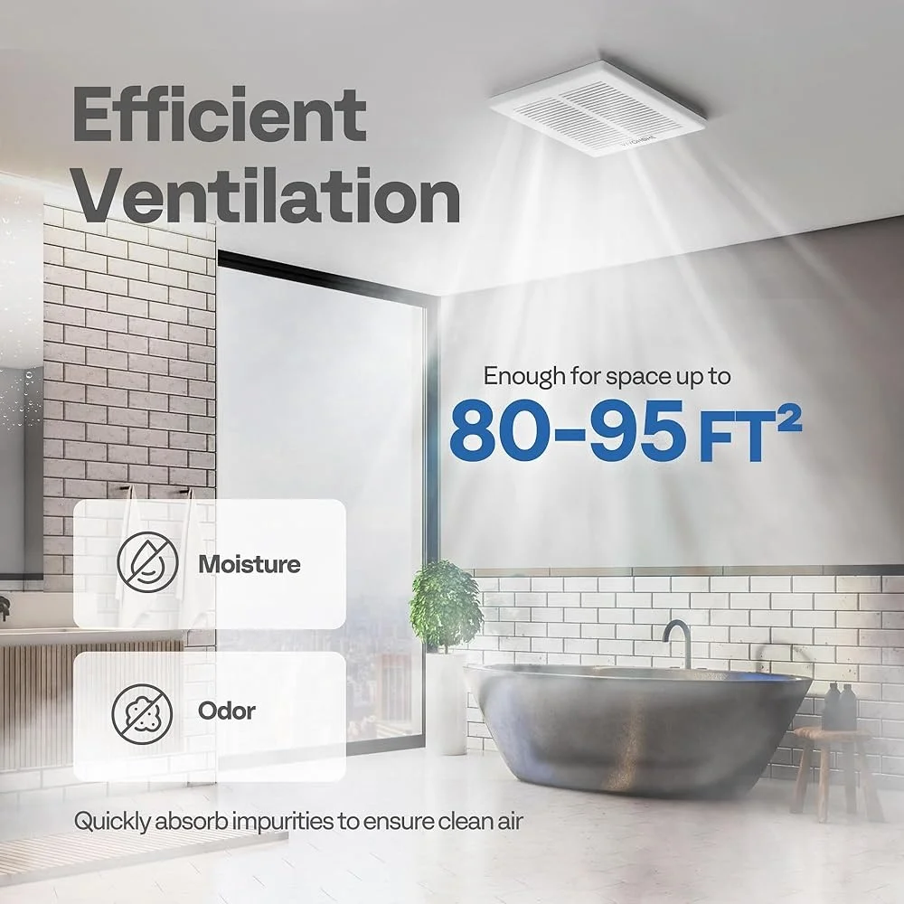 80 CFM Automatic Bathroom Exhaust Fan 1.5 Sone Humidity Sensor Ceiling Mount 4 Inch Duct Ventilation 95 Sq Ft Coverage