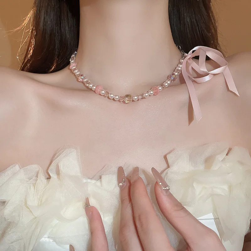 Kalung Mutiara Busur Cinta Manis Aksesori Perhiasan Kalung Modis Anak Perempuan Rantai Tulang Selangka Temperamen Segar Gaya Korea