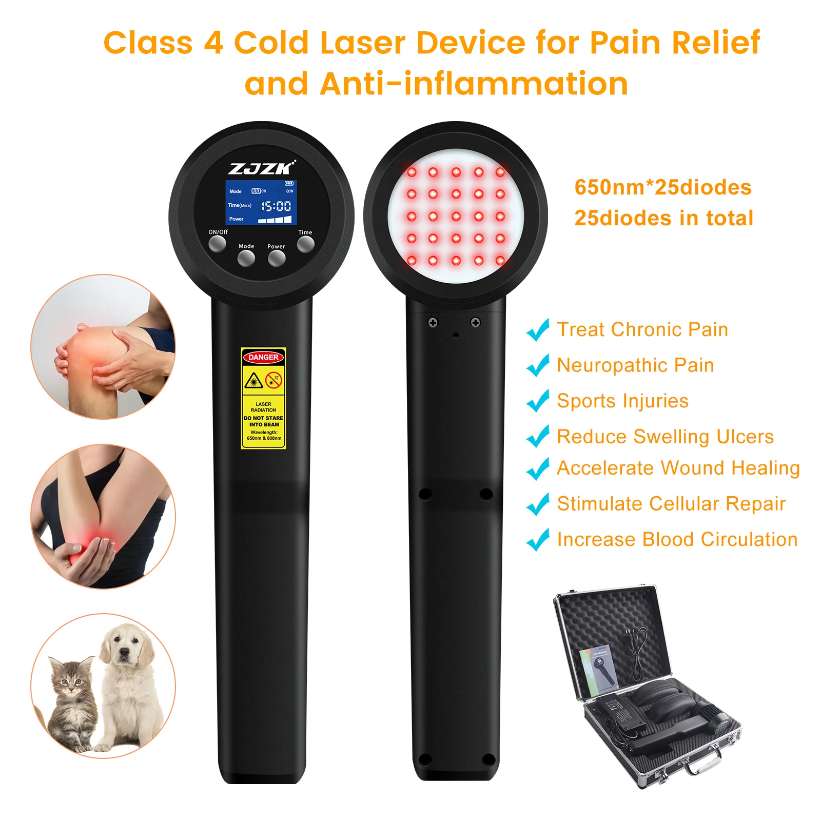 ZJZK Mls Class 4 808nmx10diodes+650nmx15diodes Cold Low-Level Laser Light Therapy For Allergies Carpal Tunnel Syndrome (Cts)