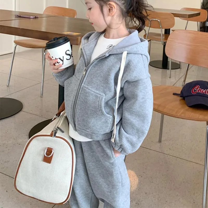 Girls Children Loose Sports Two Piece Set Fashion Casual Fall Winter Warm Zipper Jacket Top+Sport Pants Suit Sudent Tracksuit