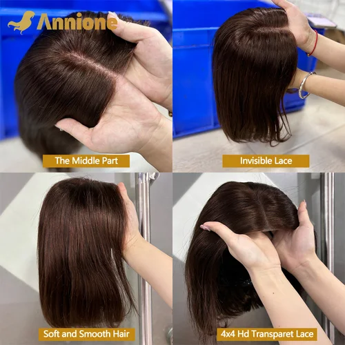 Imagen 2 del producto Peluca Bob sin pegamento cabello humano listo para usar 4X4 peluca de cabello humano liso brasileño marrón Chocolate con encaje frontal pelucas de cabello humano 100%
