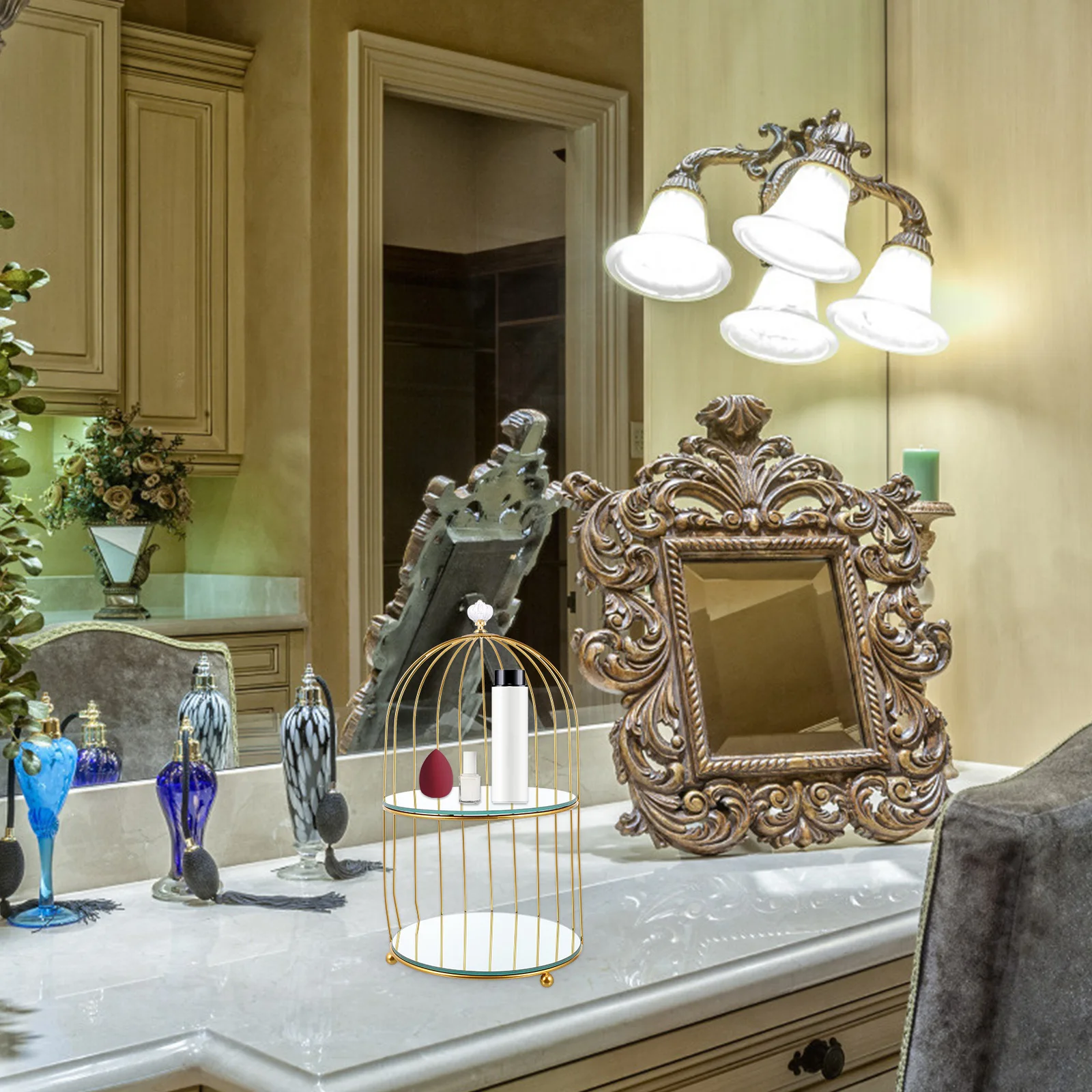 

Mirror Finish Bird Cage Storage Rack Gold Metal Organizer For Dresser Vanity Bathroom Multi-Functional Display